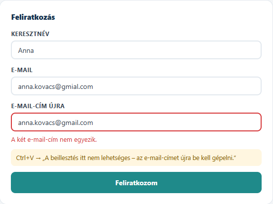 E-mail-cím megerősítése: a második mező eltérő cím esetén hibát jelez egy SalesAutopilot-űrlapon