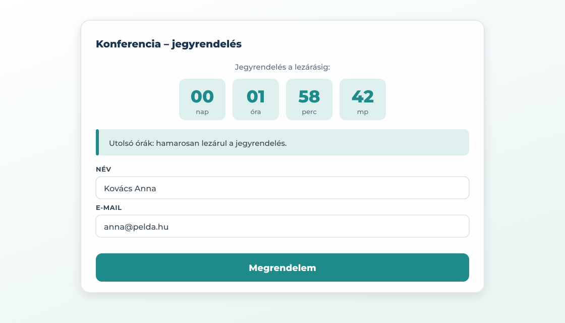 Határidő és lezárás: visszaszámláló és figyelmeztető sáv egy SalesAutopilot jegyrendelő űrlap fölött